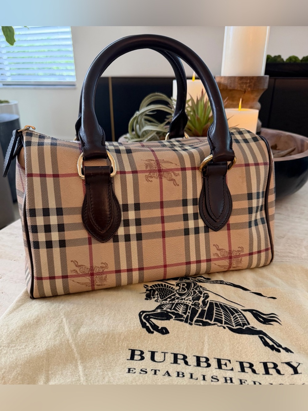 Burberry Tan Vintage Beige Classic Check Boston Bag